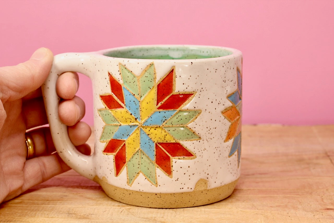 Star Block Quilt Mug-Turq. #76- (12 oz.)