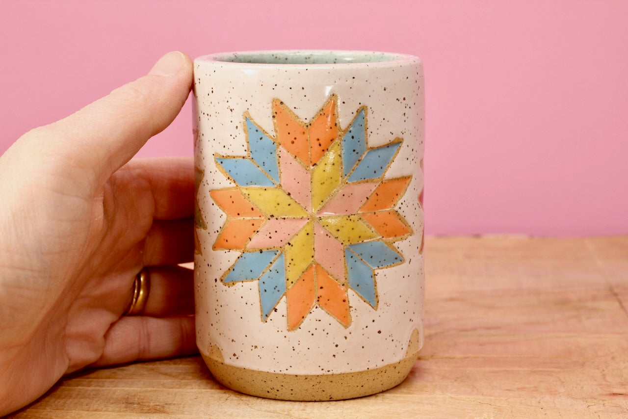 Star Block Quilt Tumbler-Turq. #80-*SECOND*- (9 oz.)