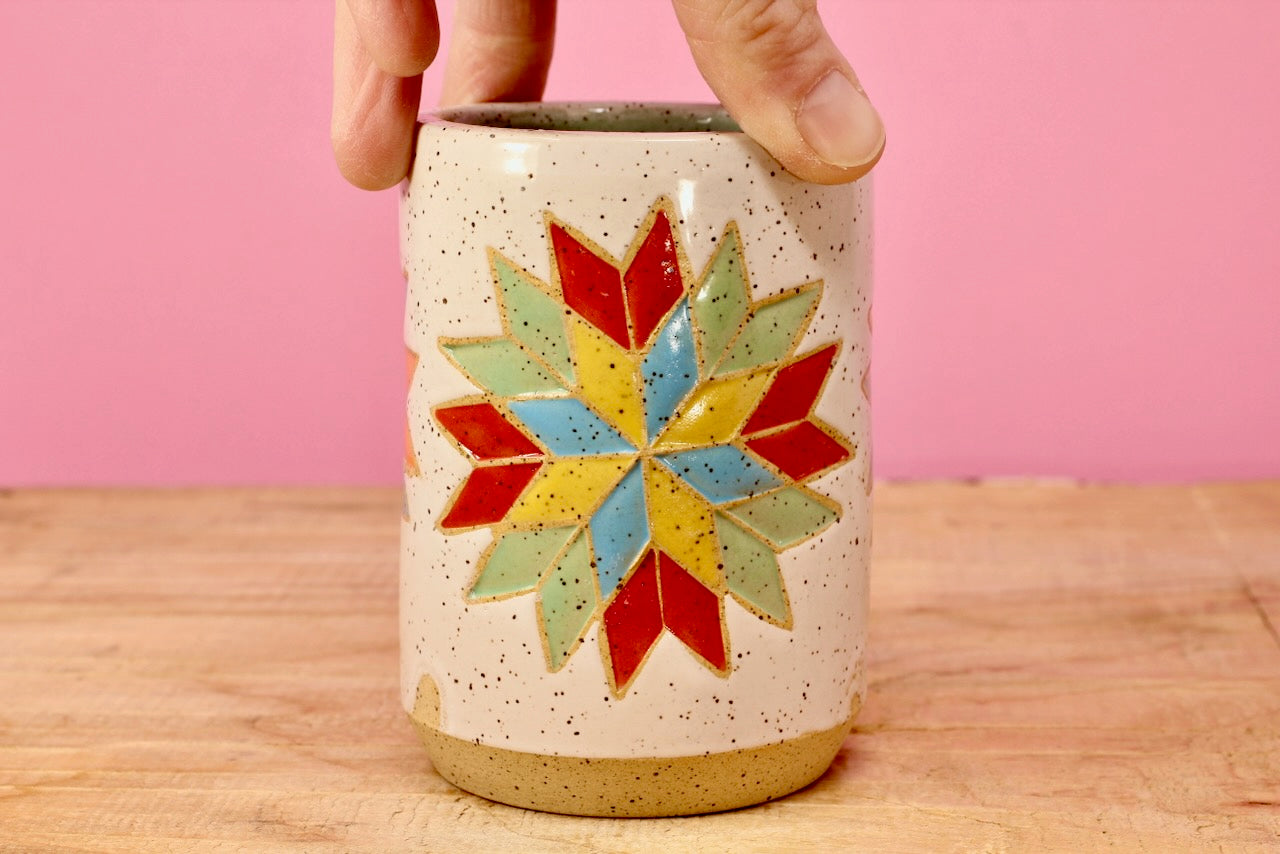 Star Block Quilt Tumbler-Turq. #80-*SECOND*- (9 oz.)
