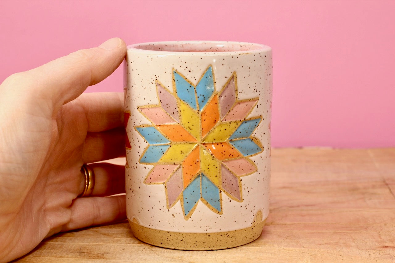 Star Block Quilt Tumbler-Pink #81- (8.5 oz.)