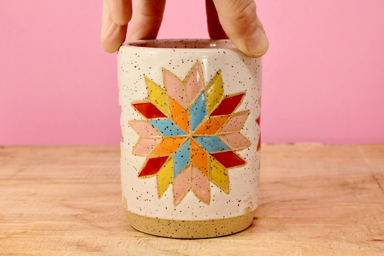 Star Block Quilt Tumbler-Pink #81- (8.5 oz.)