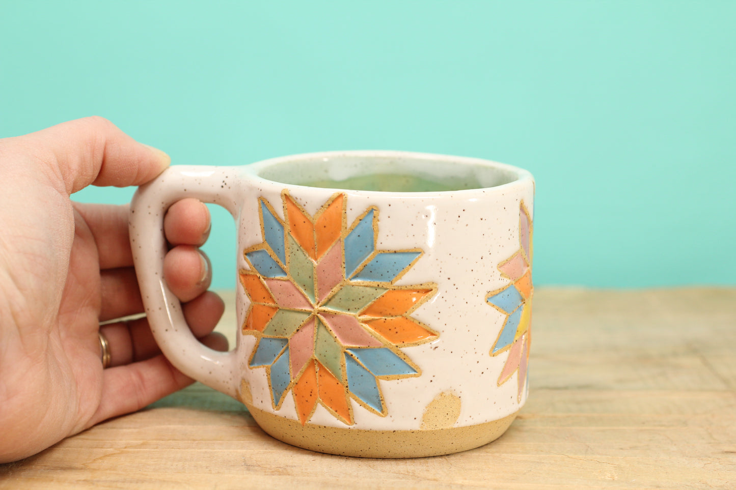 Star Block Quilt Mug-Turq. #182- (12.5 oz.)