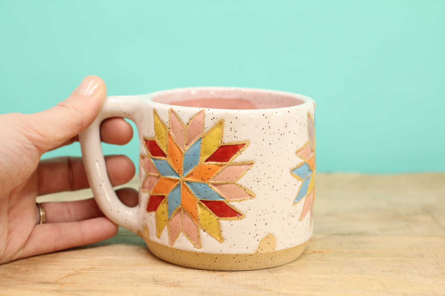 Star Block Quilt Mug-Pink #184- (12.5 oz.)